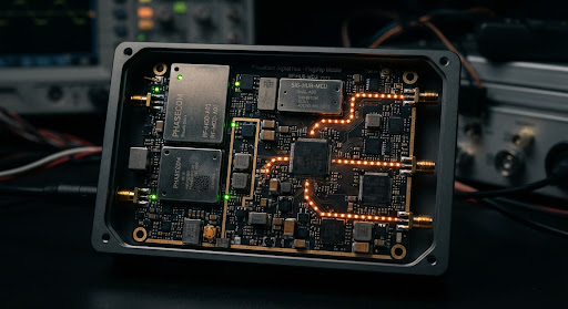 Macro view of RF circuitry illuminated in orange and green